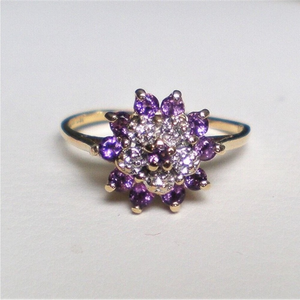 SOLID YELLOW GOLD GENUINE DIAMOND AND AMETHYST RING VINTAGE